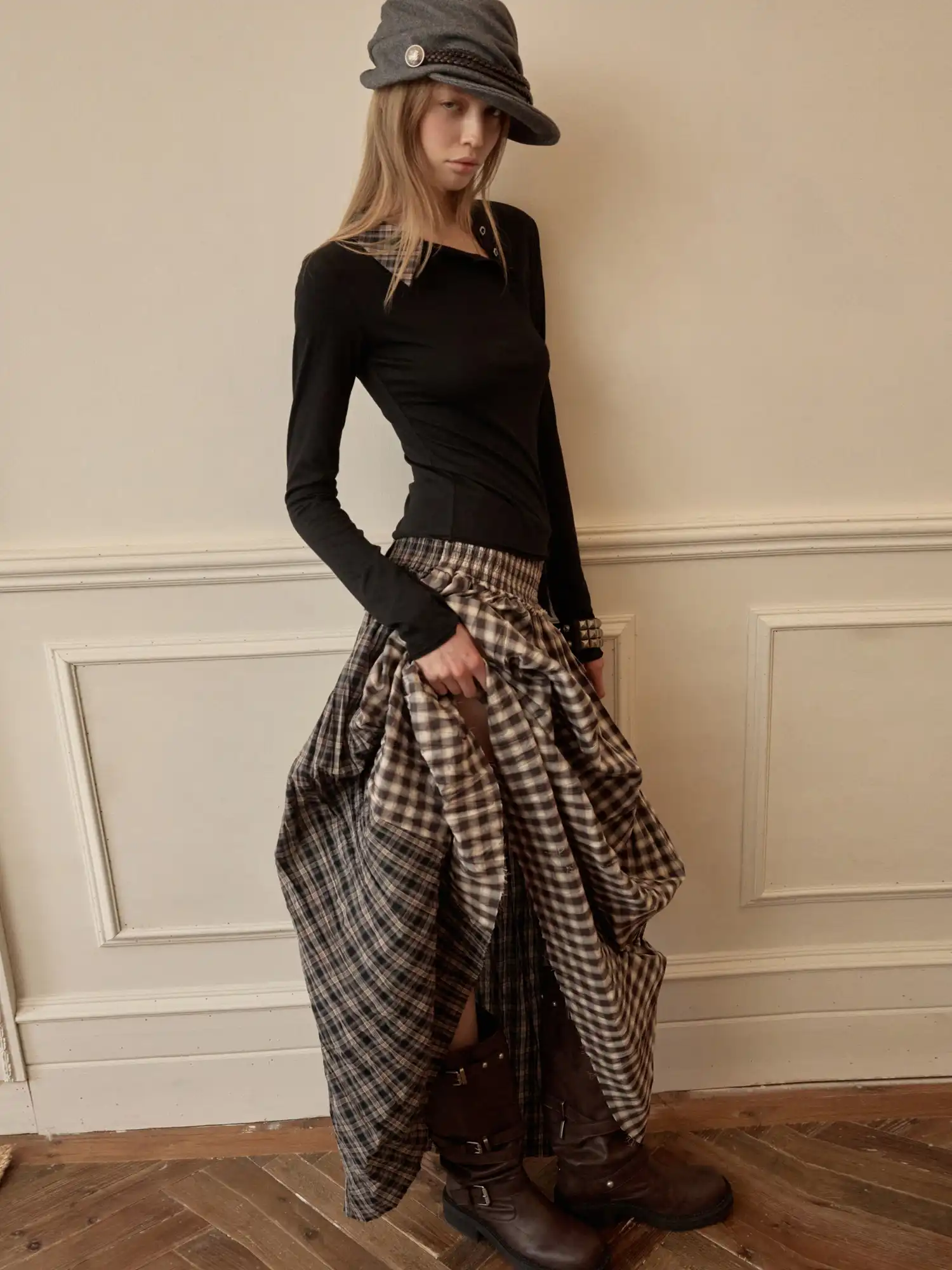Vintage Deconstructed Plaid Panel Ruffle Maxi Skirt - Image 3