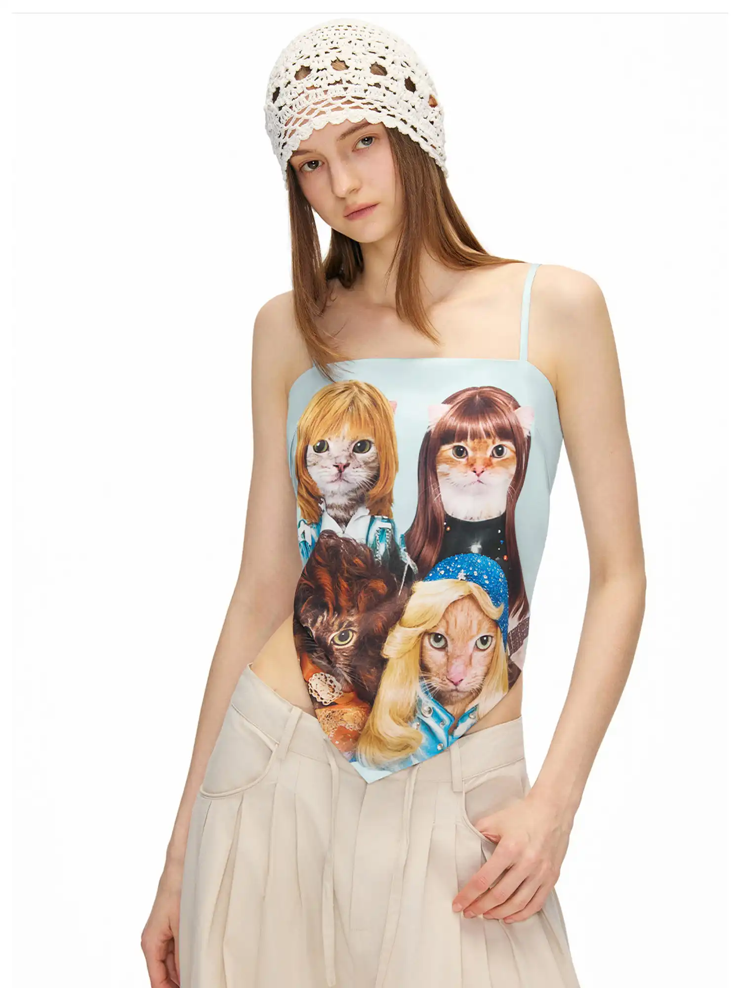 Vintage Party Cat Asymmetric Draped Cami Top - Image 3