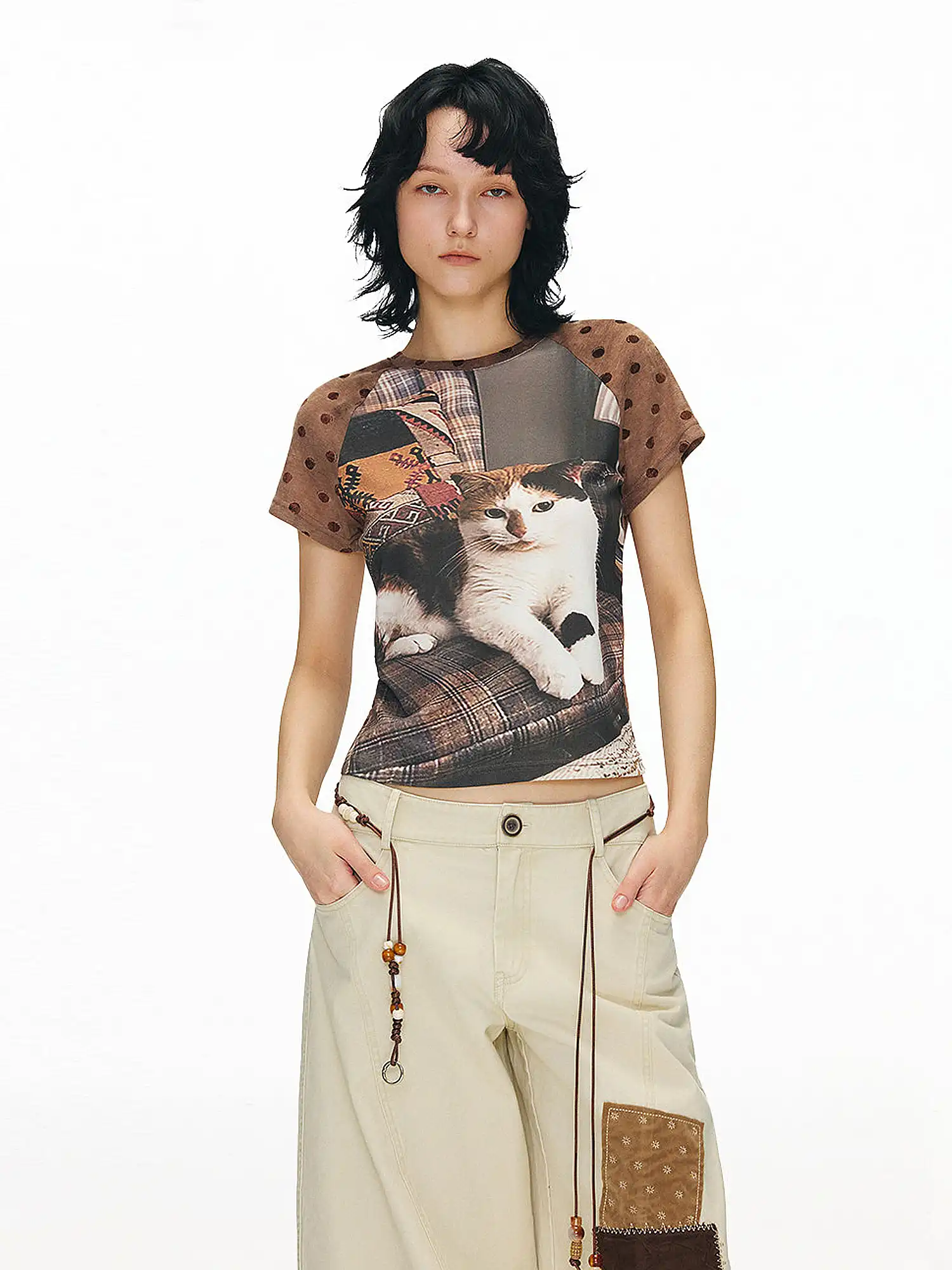 Vintage Velvet Polka Dot Raglan Sleeve Tee - Image 2