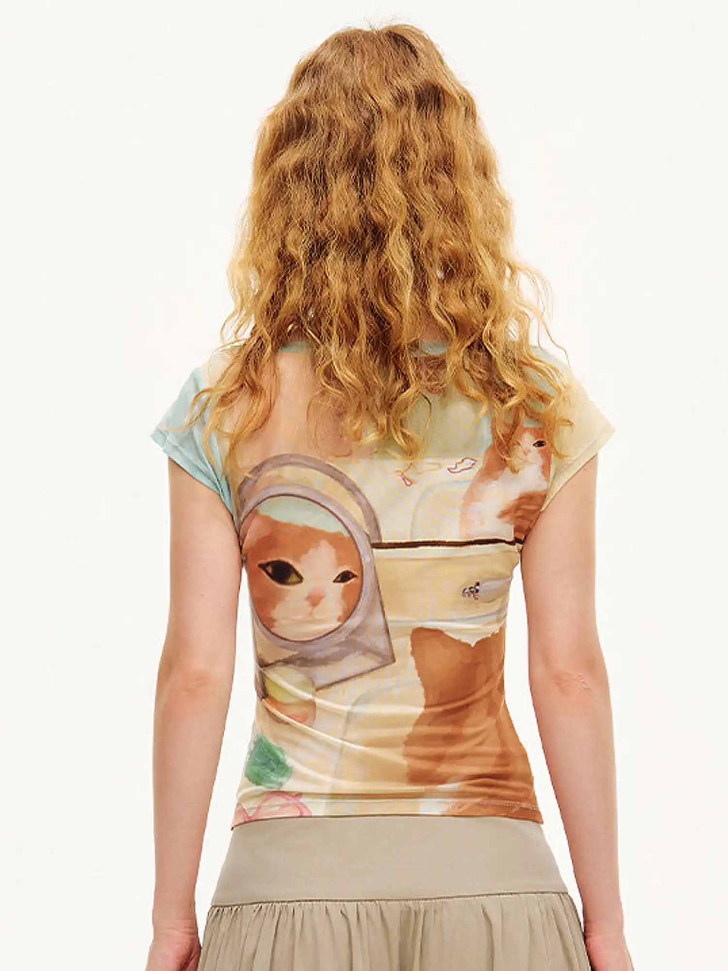 Watercolor Cat Cap Sleeve Fitted Tee - Image 3