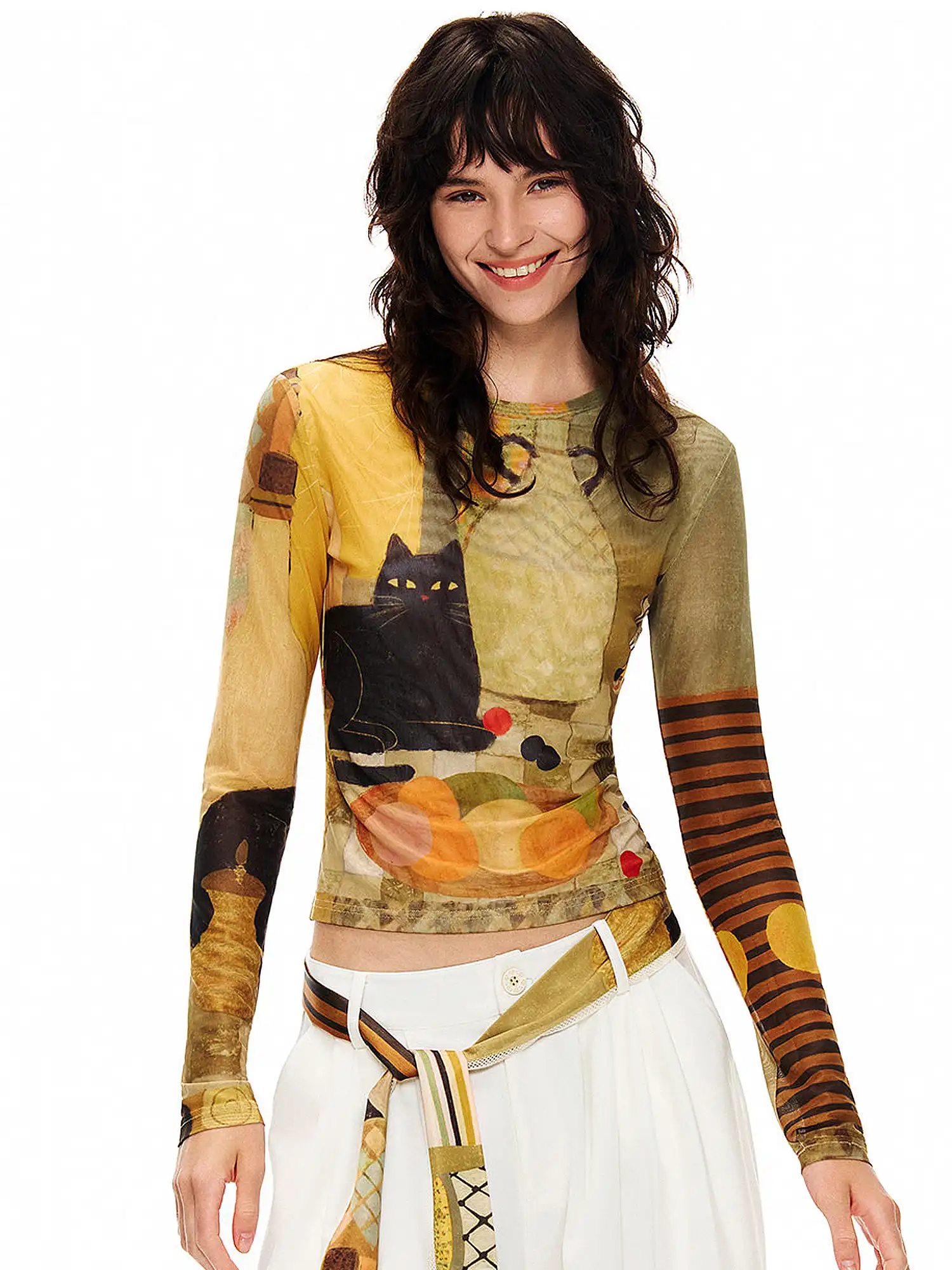 Whimsical Cat Long-Sleeve Fitted Crop Top