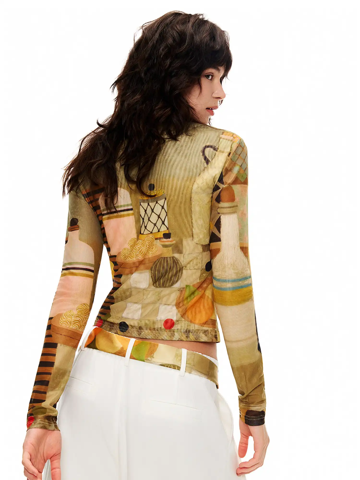 Whimsical Cat Long-Sleeve Fitted Crop Top - Image 2