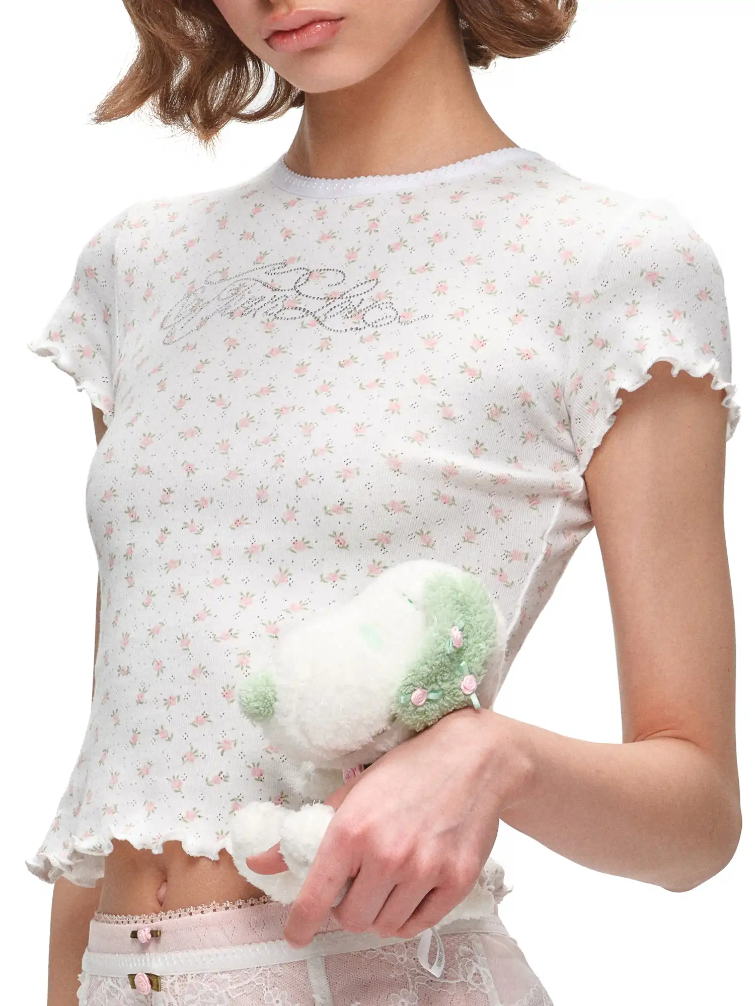 Y2K Heart Pointelle Baby Tee - Image 2