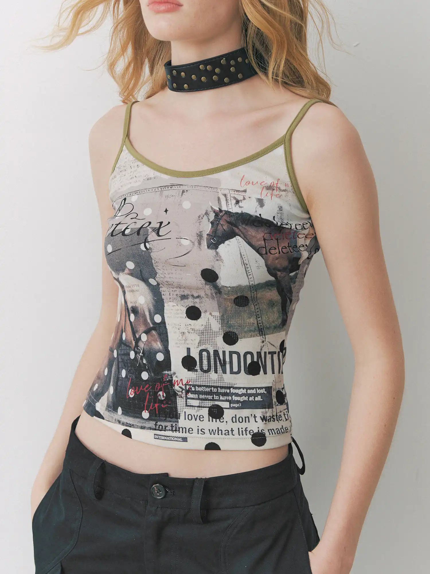 Y2k Pony Polka Newspaper Graphic Cami Top