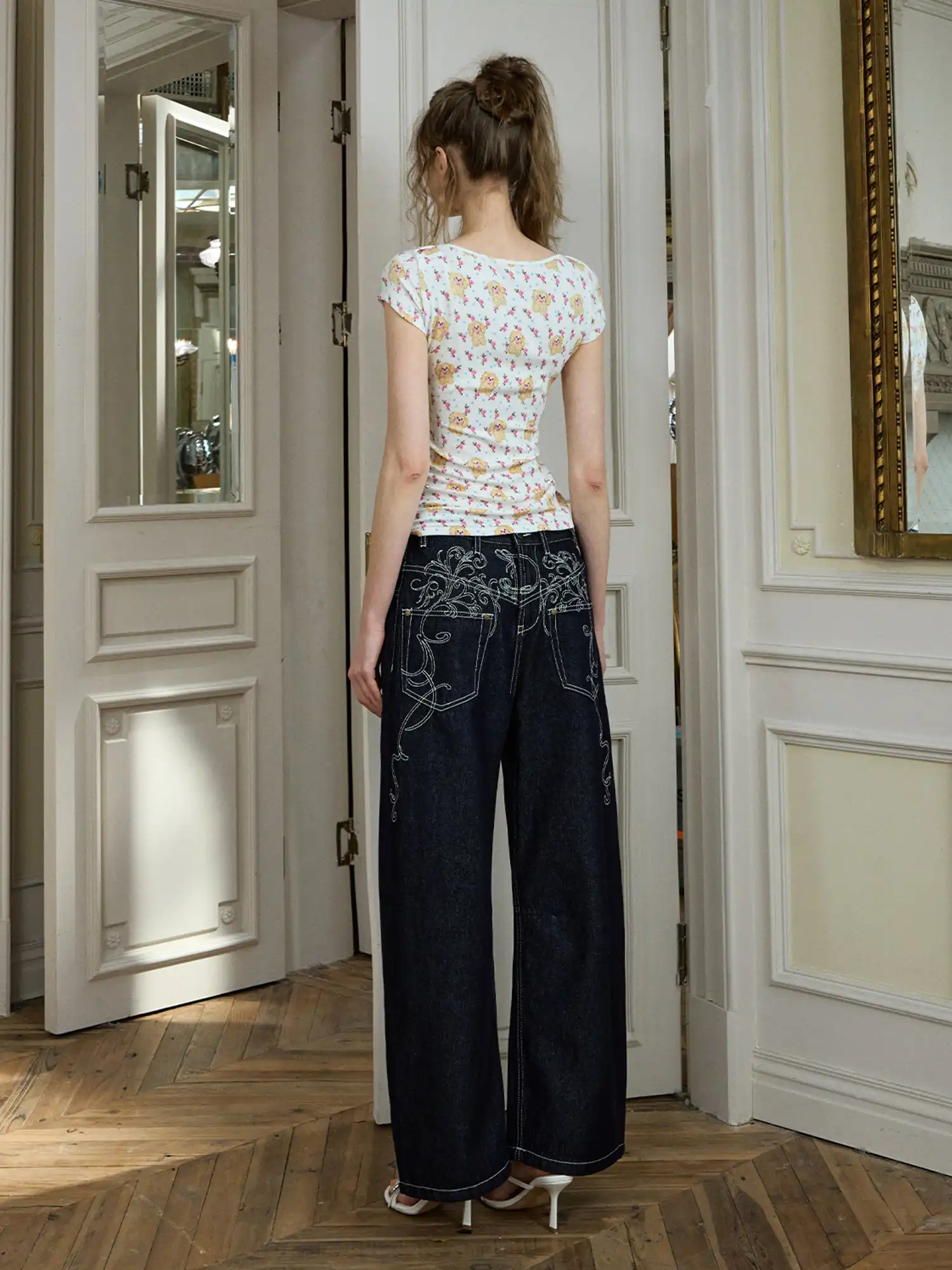 Deconstructed Embroidered Low Rise Wide Leg Jeans - Image 10