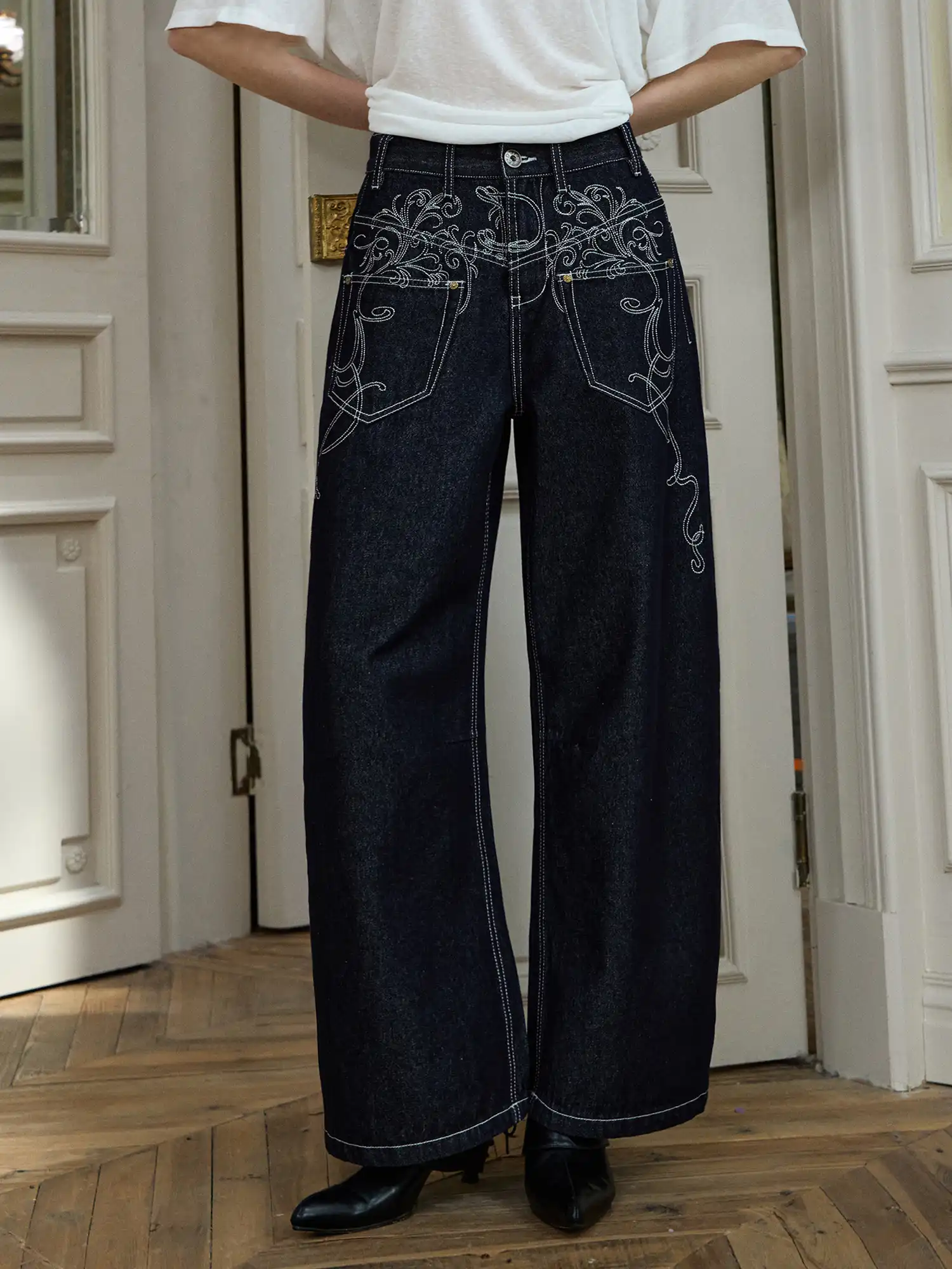 Deconstructed Embroidered Low Rise Wide Leg Jeans - Image 6