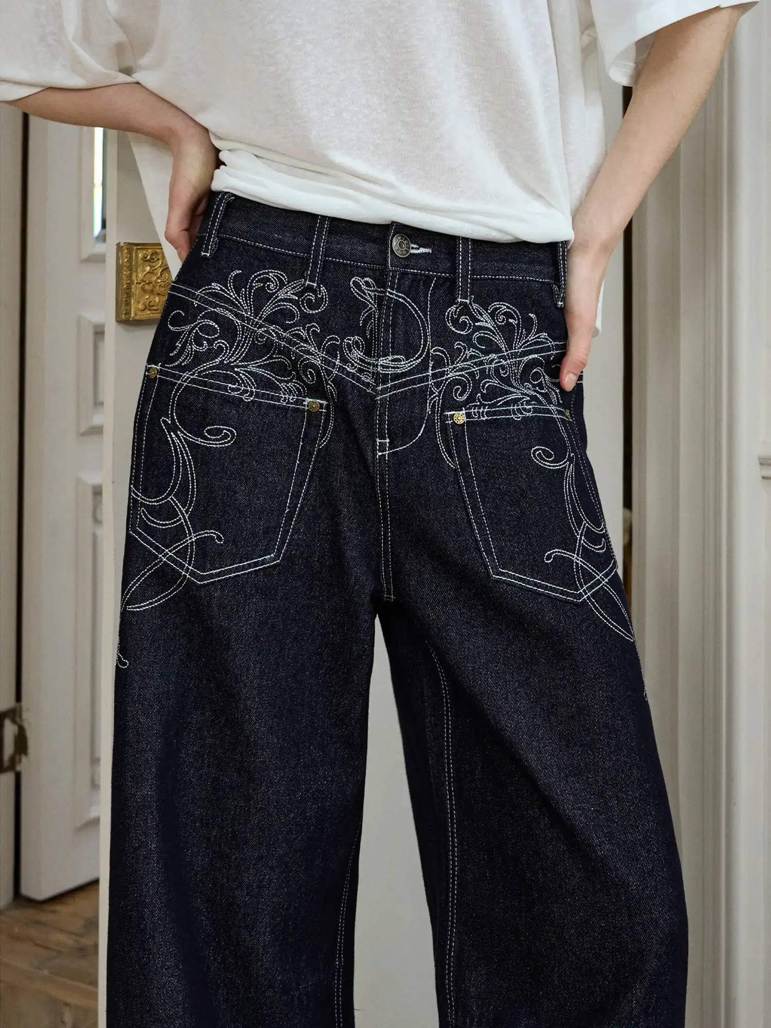 Deconstructed Embroidered Low Rise Wide Leg Jeans - Image 7