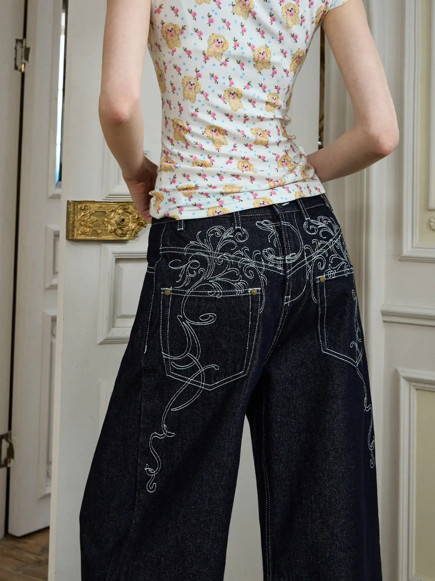 Deconstructed Embroidered Low Rise Wide Leg Jeans - Image 8