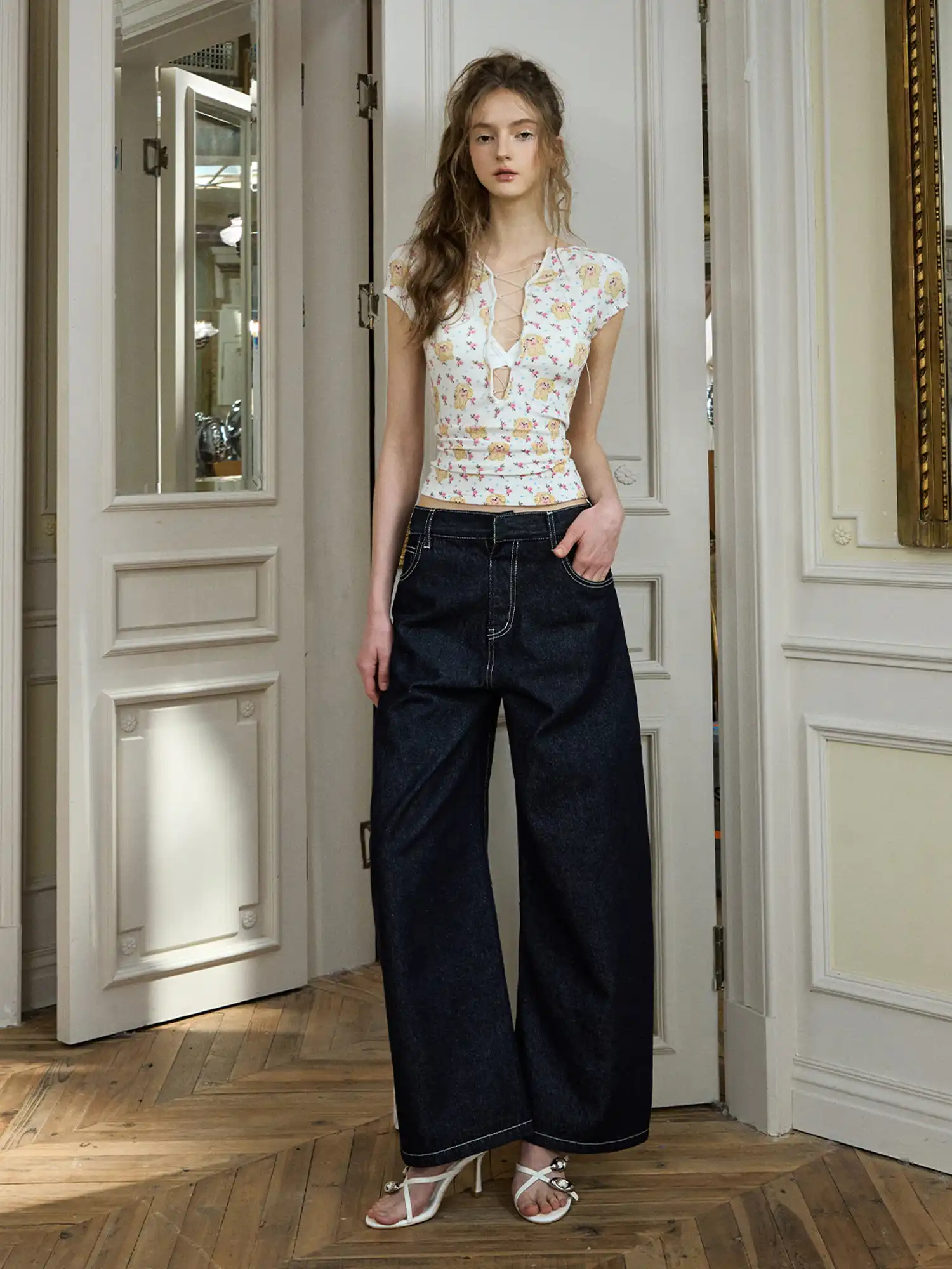 Deconstructed Embroidered Low Rise Wide Leg Jeans - Image 9