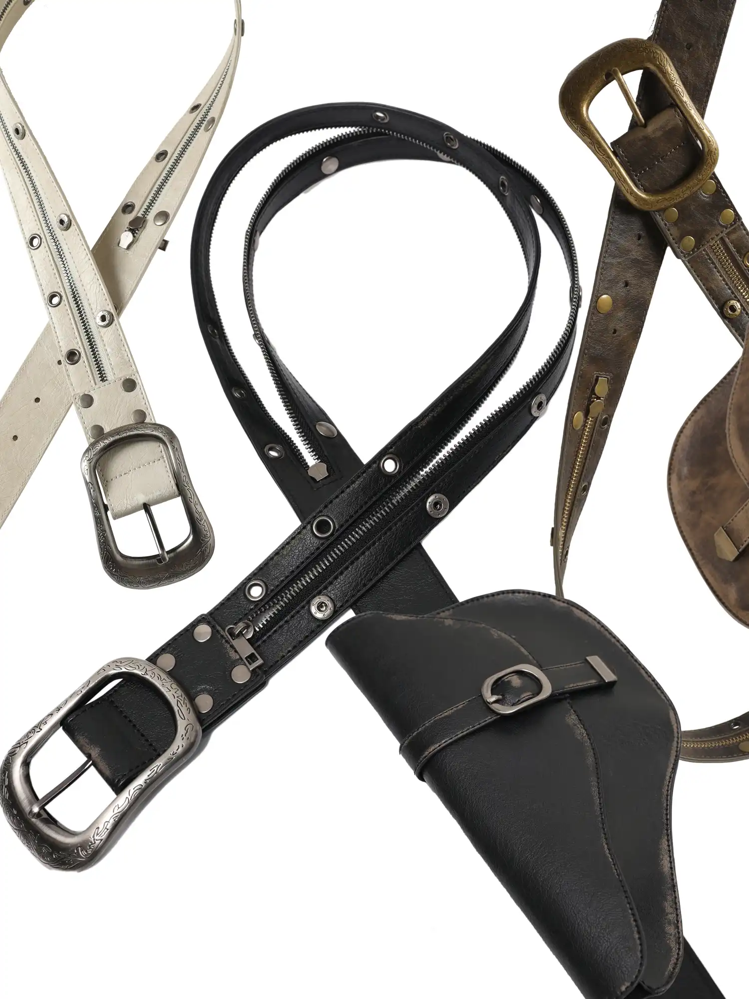 Y2K Western Leather Zip Belt With Detachable Saddle Waist Pouch